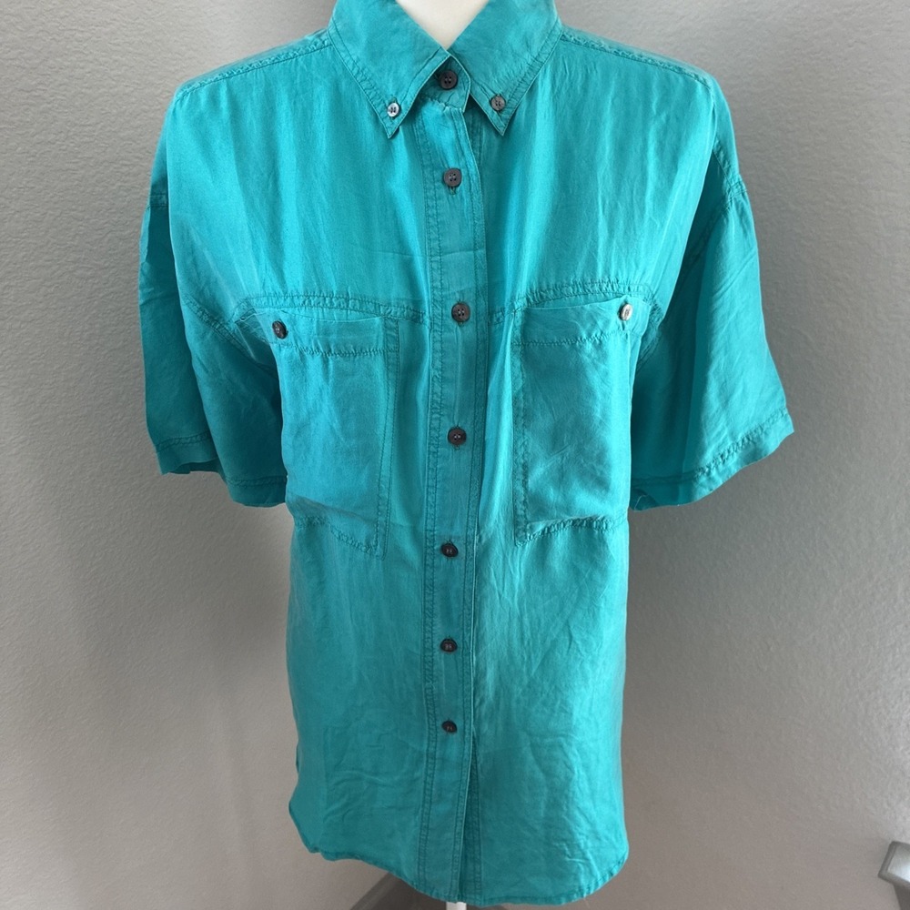 Vintage Y2K Kunto 100% Silk Mandarin Collar Blouse Teal Size Small Luxury